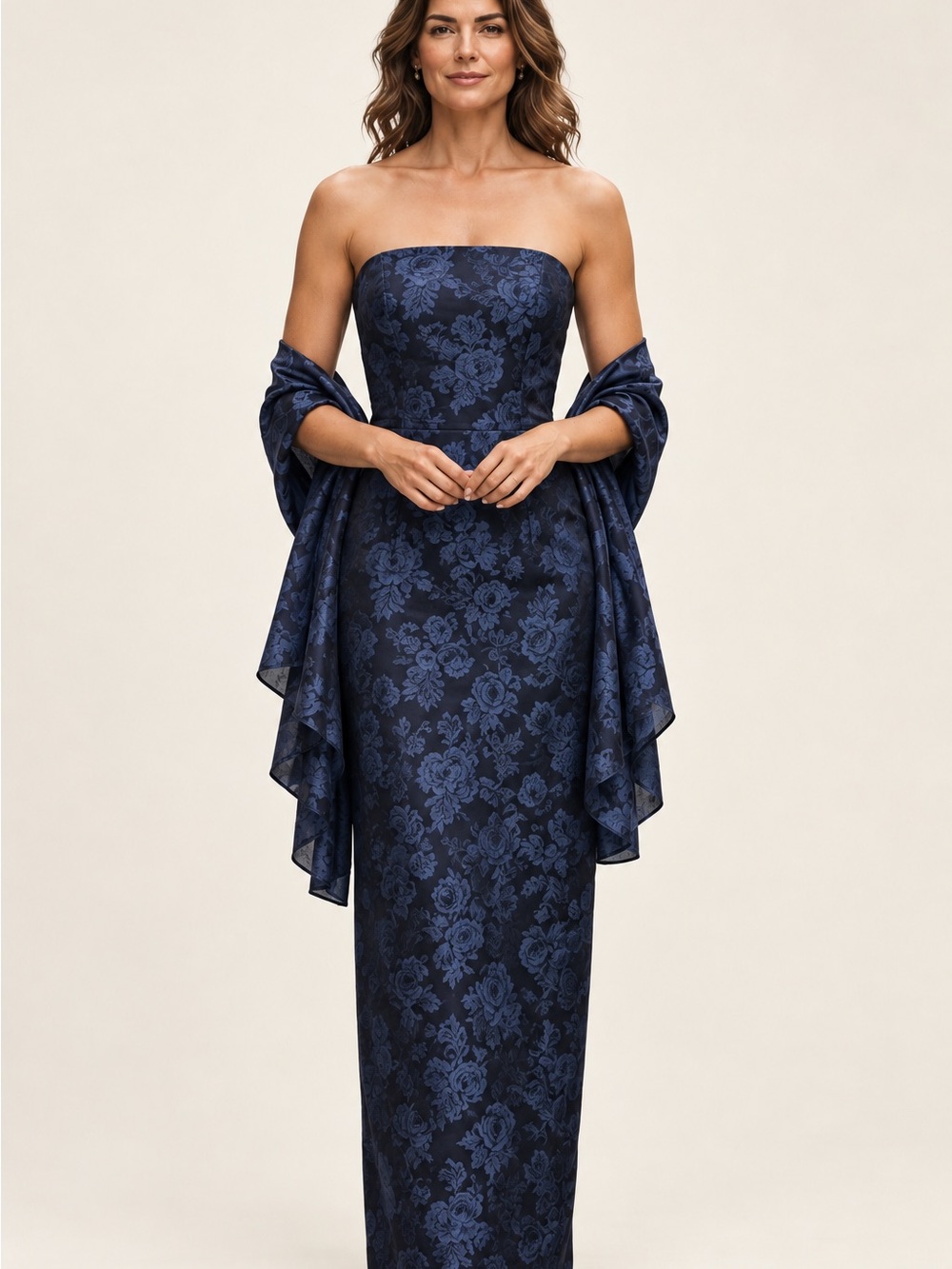 Vtg Jessica McClintock Column Dress 2 Damask Dark Blue & wrap Old Money Classic